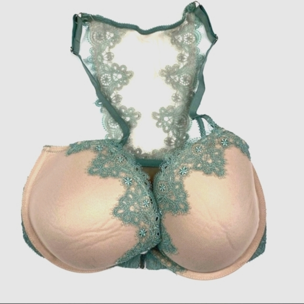 💚 Victoria's Secret VS Cute Green Floral Lace Beige Bra 32DDD 💚
